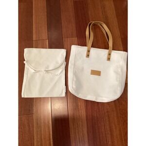 Cozy Earth Ivory Canvas Tote Bag Tan Leather Straps Shoe Travel Pouch